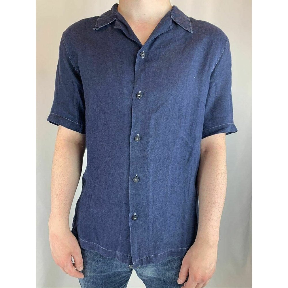 Armani Jeans Navy Blue Linen Short Sleeve Button Up
